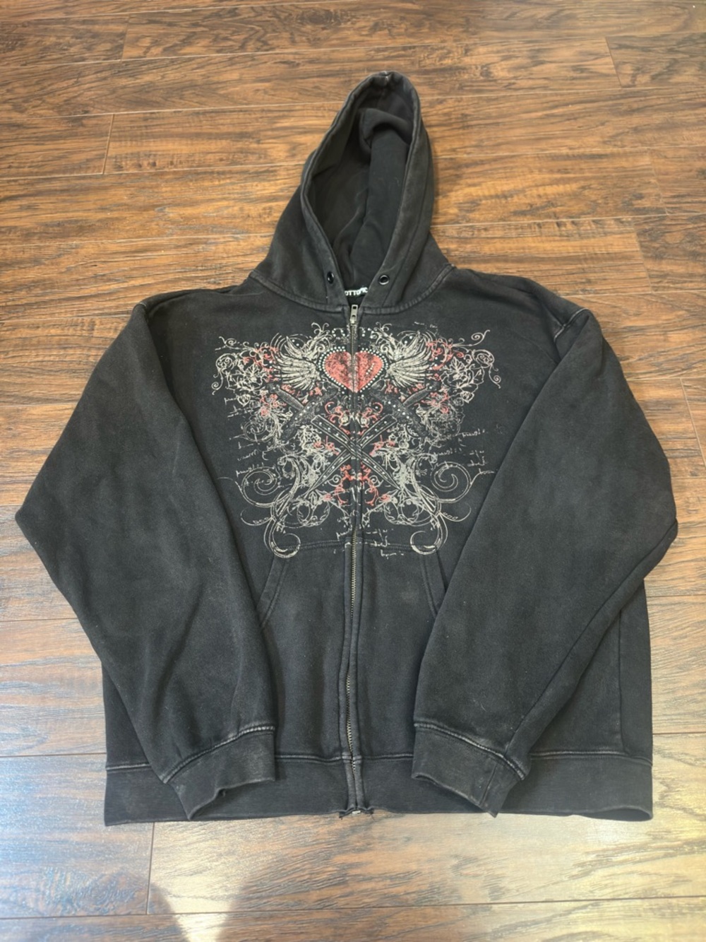 Y2K Hot Topic Black Zip-Up Hoodie with Red and Gray Heart Graphic